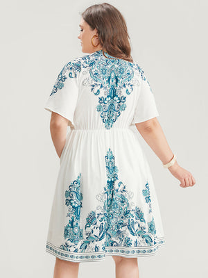 Bandana Teal / White Print Ruffle Sleeve V Neck Pocket Knee Dress