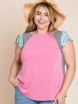 Plus Size Floral and Striped Sleeves Top-Pink