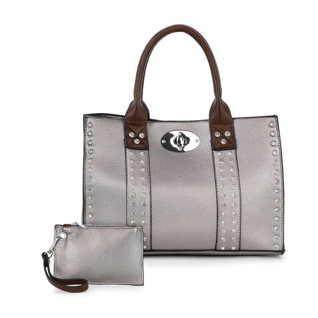 Accessorized Twist-Lock Handbag-Pewter