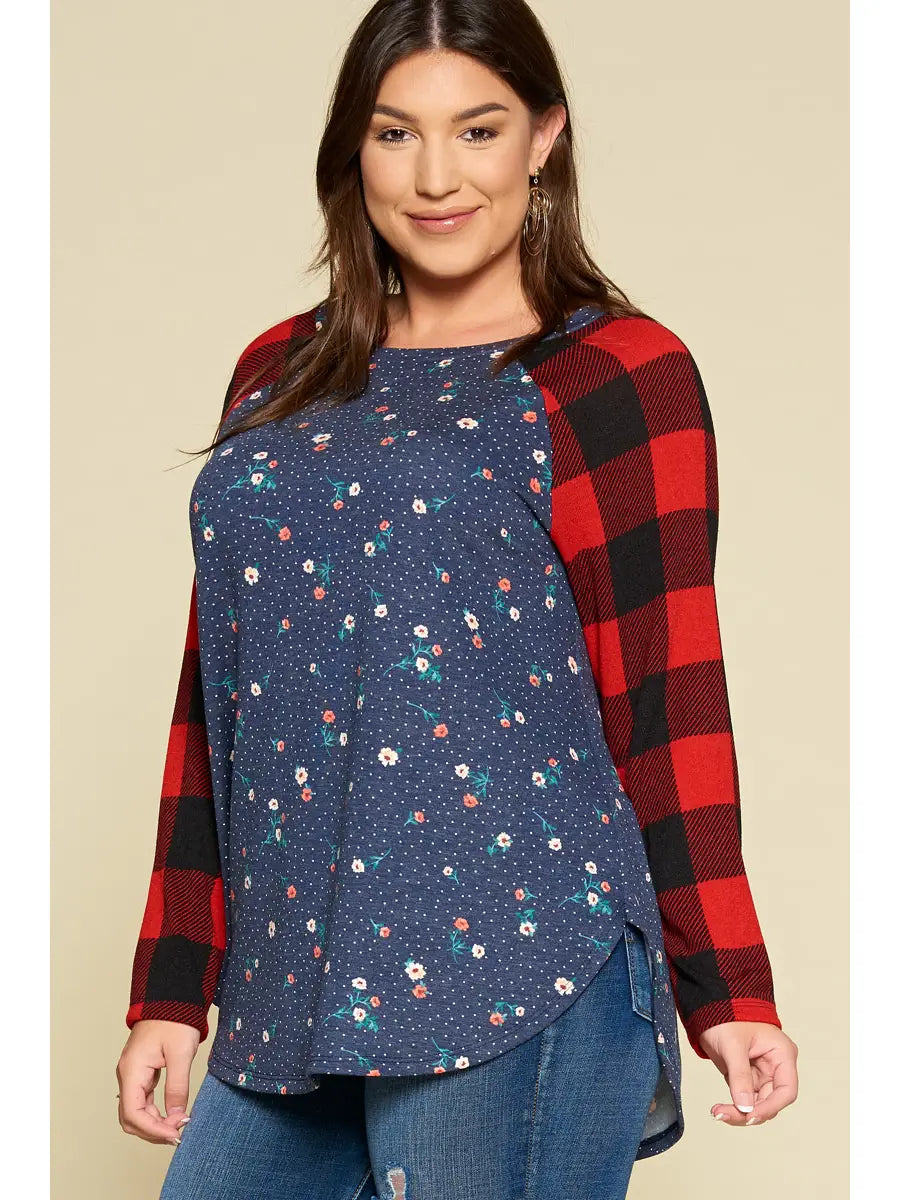 Plus Size Buffalo Plaid and Floral Raglan Top-Navy/Red