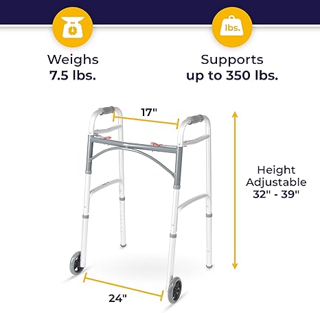 Drive Medical 10210-1 2-Button Folding Walker with Wheels, Rolling Walker, Front Wheel Walker, Lightweight Walkers for Seniors and Adults Weighing Up To 350 Pounds, Adjustable Height, Silver
