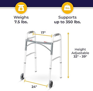 Drive Medical 10210-1 2-Button Folding Walker with Wheels, Rolling Walker, Front Wheel Walker, Lightweight Walkers for Seniors and Adults Weighing Up To 350 Pounds, Adjustable Height, Silver