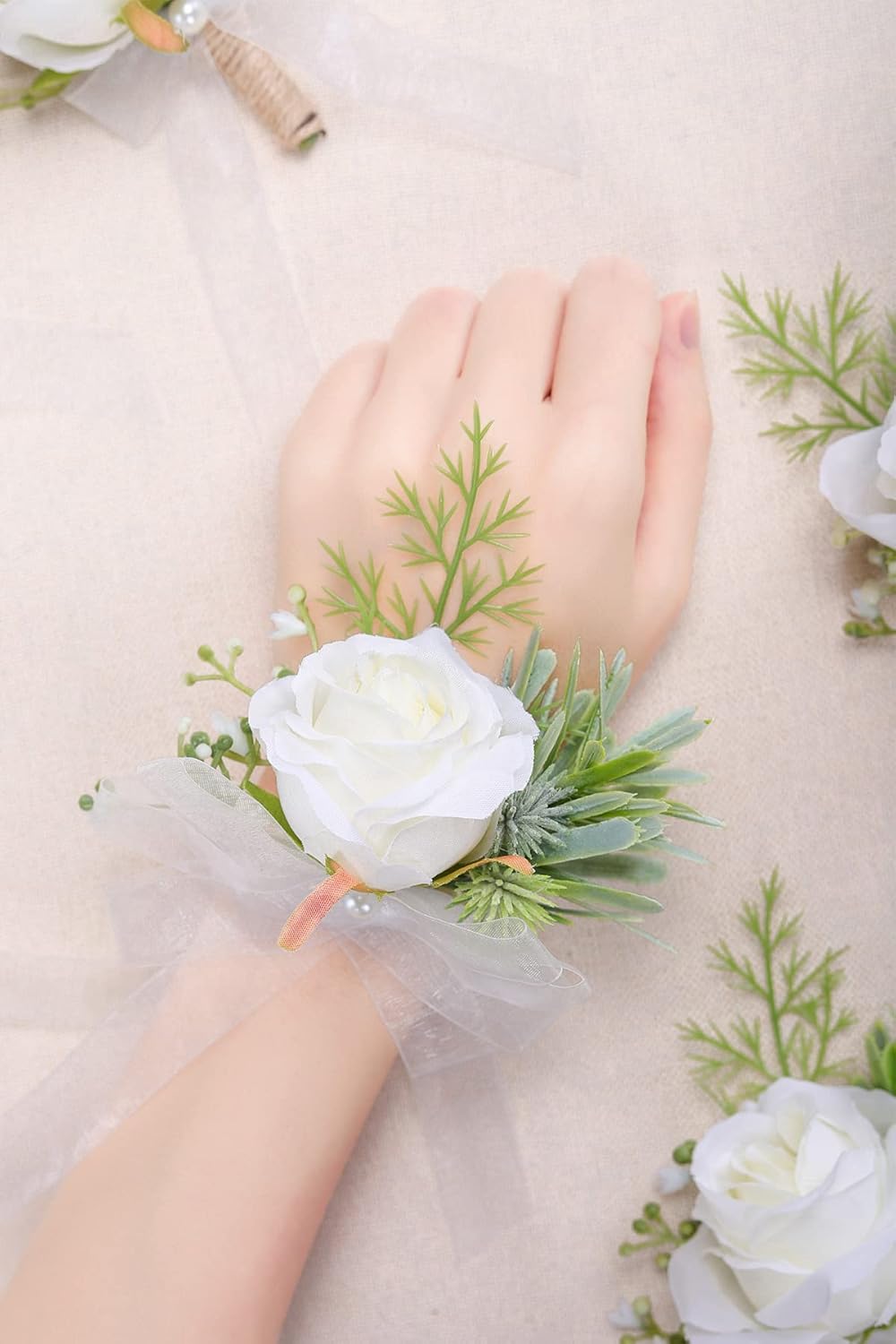 2PCS Flower Wrist Corsage Boutonniere Set Artificial Peony Rose Corsage Set Handmade Bride Wristband Men Boutonniere for Groom Wedding Party Prom Suit (Ivory)
