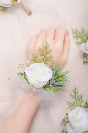 2PCS Flower Wrist Corsage Boutonniere Set Artificial Peony Rose Corsage Set Handmade Bride Wristband Men Boutonniere for Groom Wedding Party Prom Suit (Ivory)