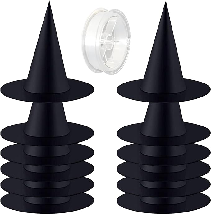 12  Halloween Black Witch Hats with 98Feet Rope Hanging Decorations Witch Costume Accessory for Halloween Party Decor