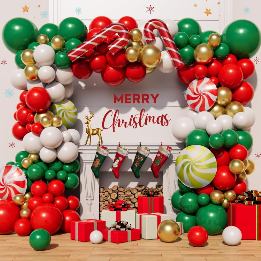 Christmas Balloon Arch Garland Kit 160pcs Red Green Gold Balloons Party Decoration (Green, Red, Gold)