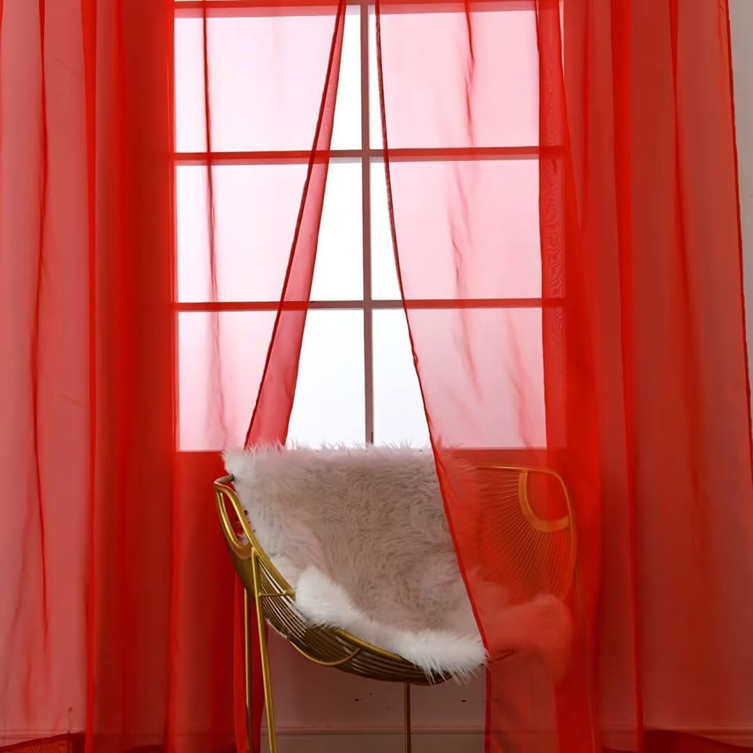 Faux Linen Sheer Curtains-Red- 4 Panels each 26" x 63"