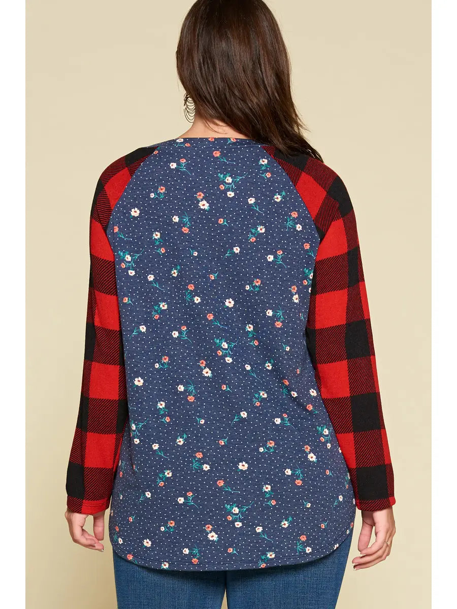 Plus Size Buffalo Plaid and Floral Raglan Top-Navy/Red