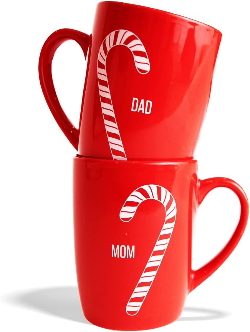Set of 2 Festive Candy Cane Stoneware Mugs – Mom & Dad, 15 oz