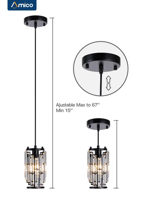 Amico Crystal Pendant Lighting Modern Black Pendant Light, Adjustable Pendant Light Fixture for Kitchen Island Dinning Room Bedroom (Black 1-Light)