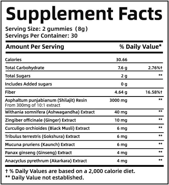 2 Packs Himalayan Shilajit Gummies, Ashwagandha Gummies, with Black Musli, Gokshura, Ginger, Ginseng, Fulvic Acid 85 Micronutrients, Men and Women, No Added Sugar, 100% Natural Organic, 120 Gummy﻿