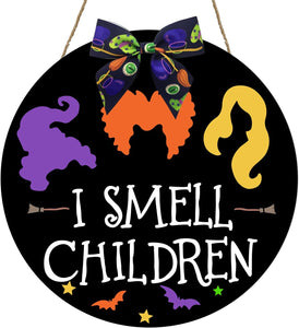 Halloween Door Sign I Smell Children Wood Hanging Decoration Witch Wreath Round Black Purple Orange Yellow Wall Sign Home Porch Outdoor