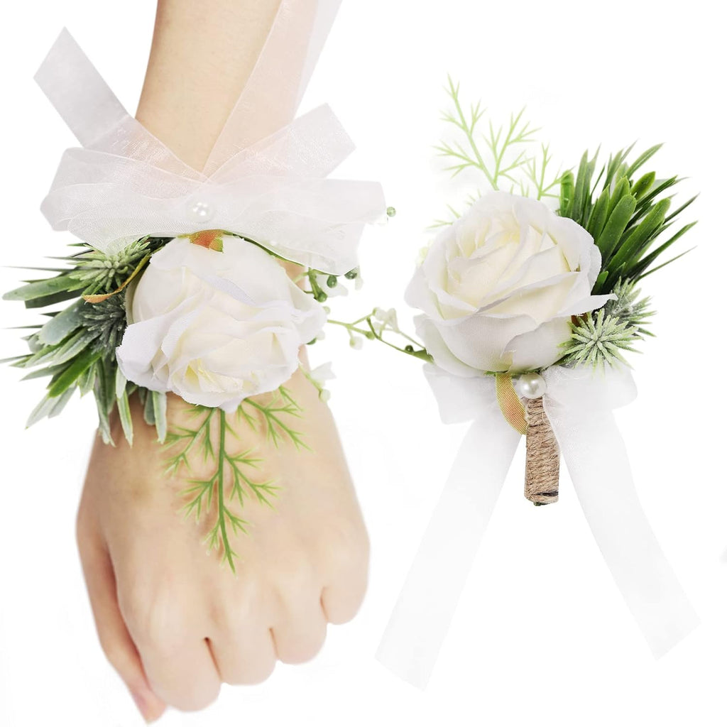 2PCS Flower Wrist Corsage Boutonniere Set Artificial Peony Rose Corsage Set Handmade Bride Wristband Men Boutonniere for Groom Wedding Party Prom Suit (Ivory)