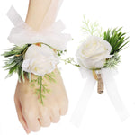 2PCS Flower Wrist Corsage Boutonniere Set Artificial Peony Rose Corsage Set Handmade Bride Wristband Men Boutonniere for Groom Wedding Party Prom Suit (Ivory)