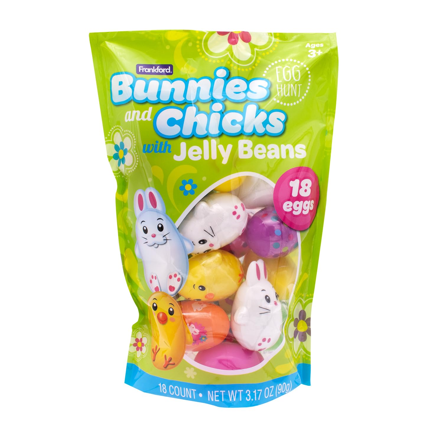 18 Count Prefilled Plastic Eggs with Candy Jelly Beans- Assorted Bunnies, Chicks, and Patterned Eggs (Best By: 02/2027)