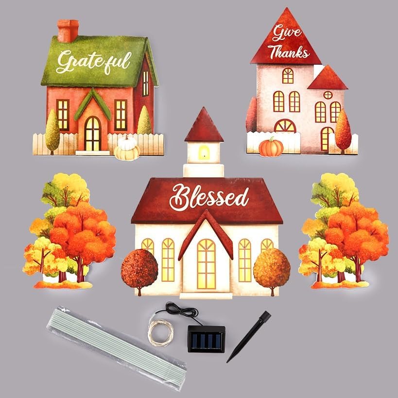 Solar Lighted Harvest Village Stakes (5-Piece Set)