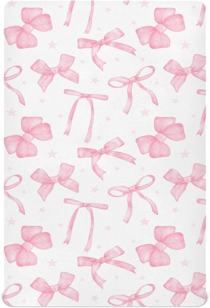 Fitted Crib Sheets Coquette Watercolor Pink Bow Stretchy Portable Playard Sheets for Baby Toddler, Breathable Soft Mini Crib Mattress 39 x 27 in for Boys and Girls