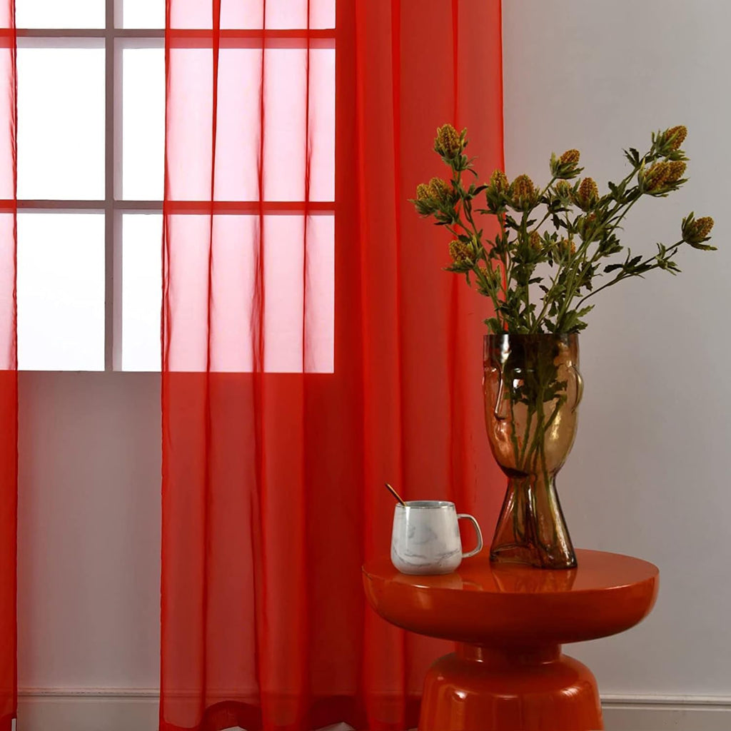 Faux Linen Sheer Curtains-Red- 4 Panels each 26" x 63"