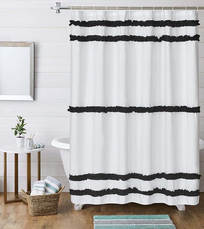 Black Stripe Ruffle White Shower Curtain，Black Handmade Ruffle Shower Curtain Shabby Chic Farmhouse Style Bathroom Decor, Waterproof and Easy Care, 72" W x 78" H