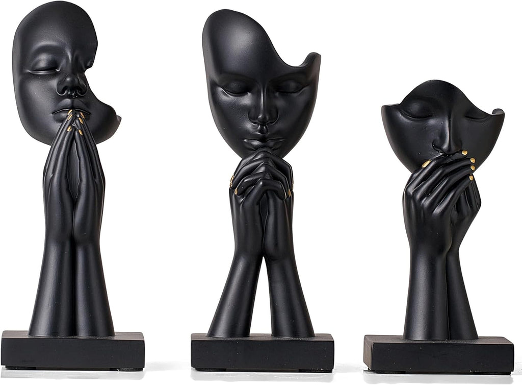 3 Pcs Black Prayer Statues Decor for Living Room, Modern Prayer of Peace Figurines Shelf Decor Accents, Abstract Sculptures for Bedroom Bookshelf Coffee Table Decorations, Gifts for Women