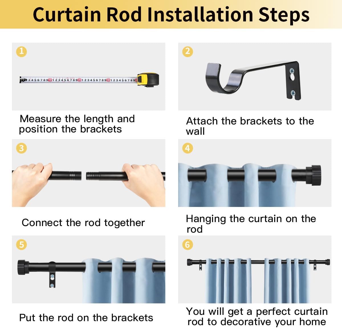 Modern Heavy Duty Curtain Rods for Windows 30 to 90 Inch, Black Decorative Adjustable Window Rods 1 Inch Diameter for Bedroom Living Room Kitchen Drapes (Black,30"-90")