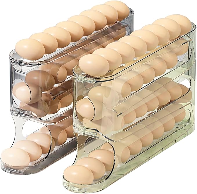 4 Tiers Egg Holder for Fridge - Auto Rolling Space-Saving Egg Dispenser, 30 Egg Capacity, (Set of 2) (Transparent)