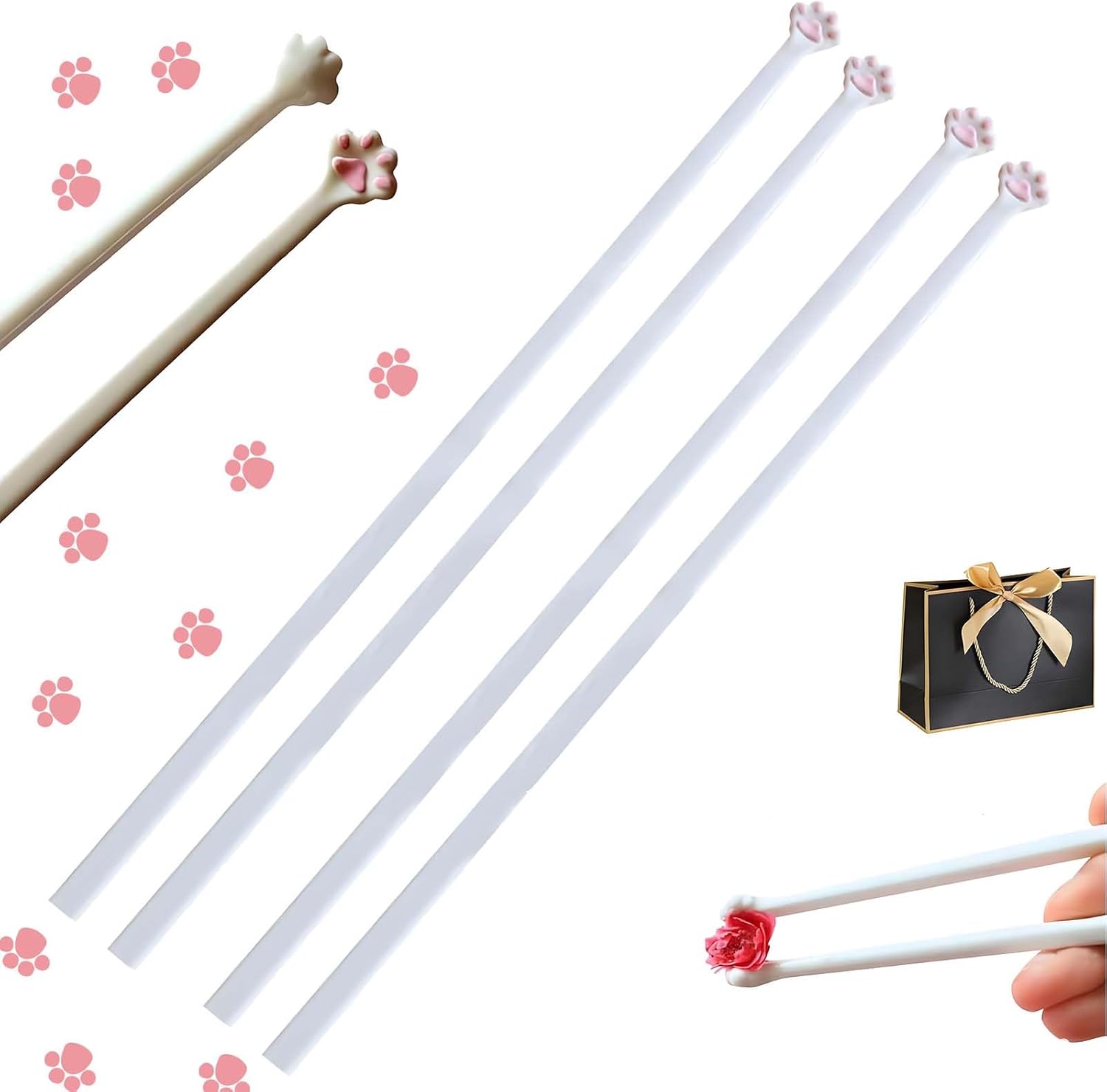 2 Pairs Cat Paw Chopsticks – Pink Paw Design, Non-Slip & Reusable, for Cat Lovers, Kids, and Beginners