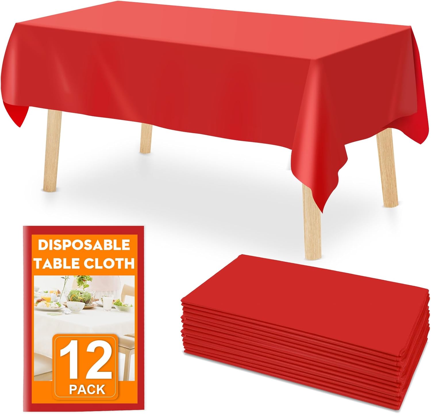 12 Pack 108" X 54" Premium Disposable Plastic Tablecloth for 8ft Long Rectangle Tables, Waterproof Covers for Indoor or Outdoor Events & Parties