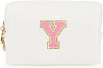 Personalized Initial Letter Makeup Bag,Preppy Patch Makeup Bag,PU Waterproof Travel Toiletry Bag- White Y