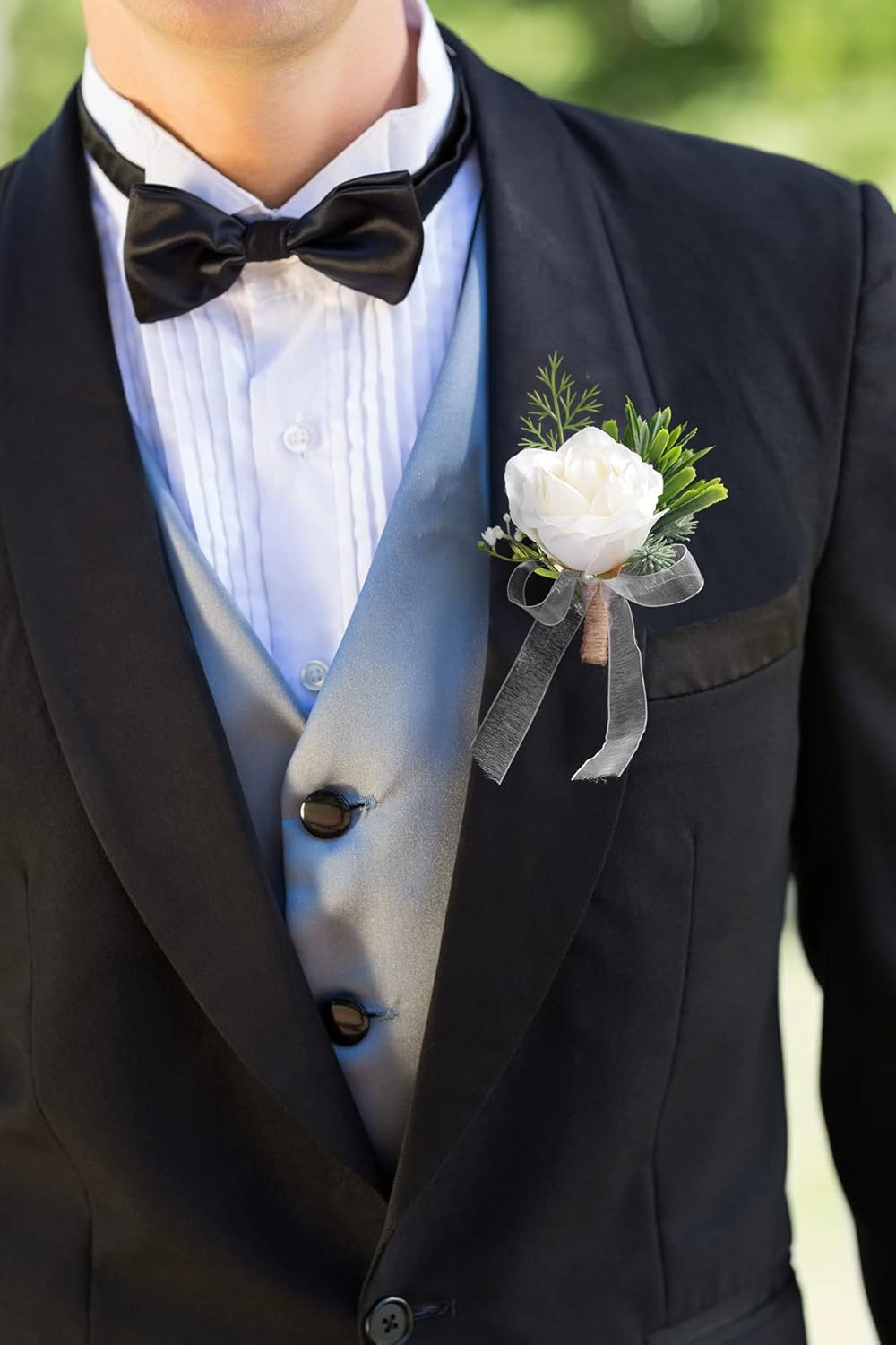2PCS Flower Wrist Corsage Boutonniere Set Artificial Peony Rose Corsage Set Handmade Bride Wristband Men Boutonniere for Groom Wedding Party Prom Suit (Ivory)