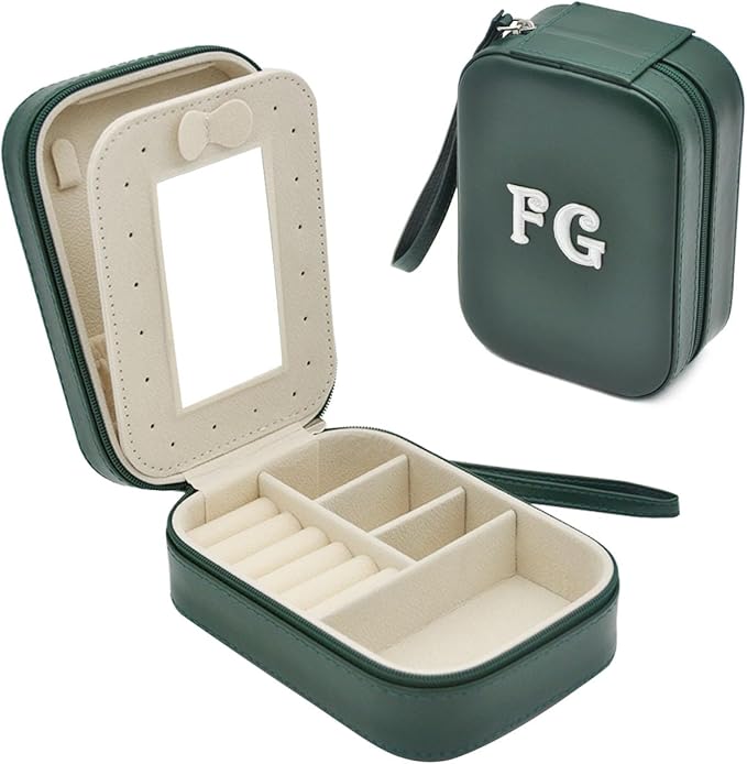 Jewelry Travel Case Initial Monogram, Small Jewelry Box Travel Jewelry Organizer for Women Girls, Portable Jewelry Case Storage Earring Bracelet Necklace Ring (premium dark green, FG)