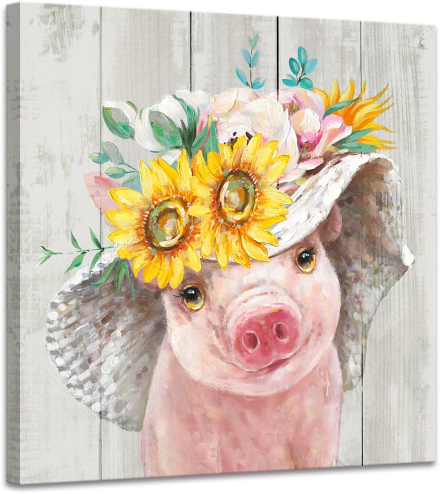 Funny pig Canvas Wall Art Print Funny pig Painting Poster, funny farm animal Mural for Bedroom Bathroom and Kitchen Framed (12"x12")