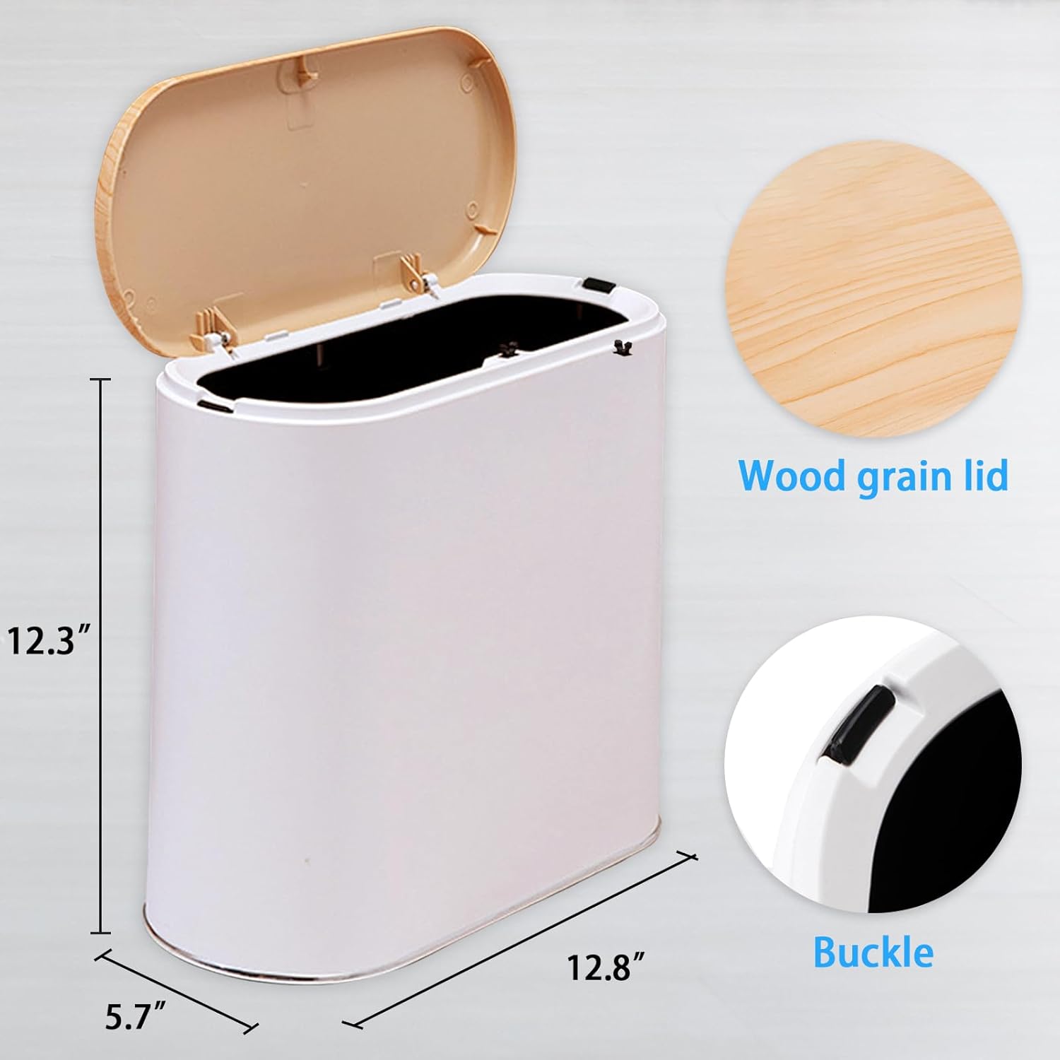 Bathroom Trash Can with Lid, 10 Liter/2.6 Gallon Small Garbage Can Dog Proof, Modern Waste Basket with Press Top, Slim Plastic Kitchen Trash Bin for Bedroom, Toilet, Office (White)