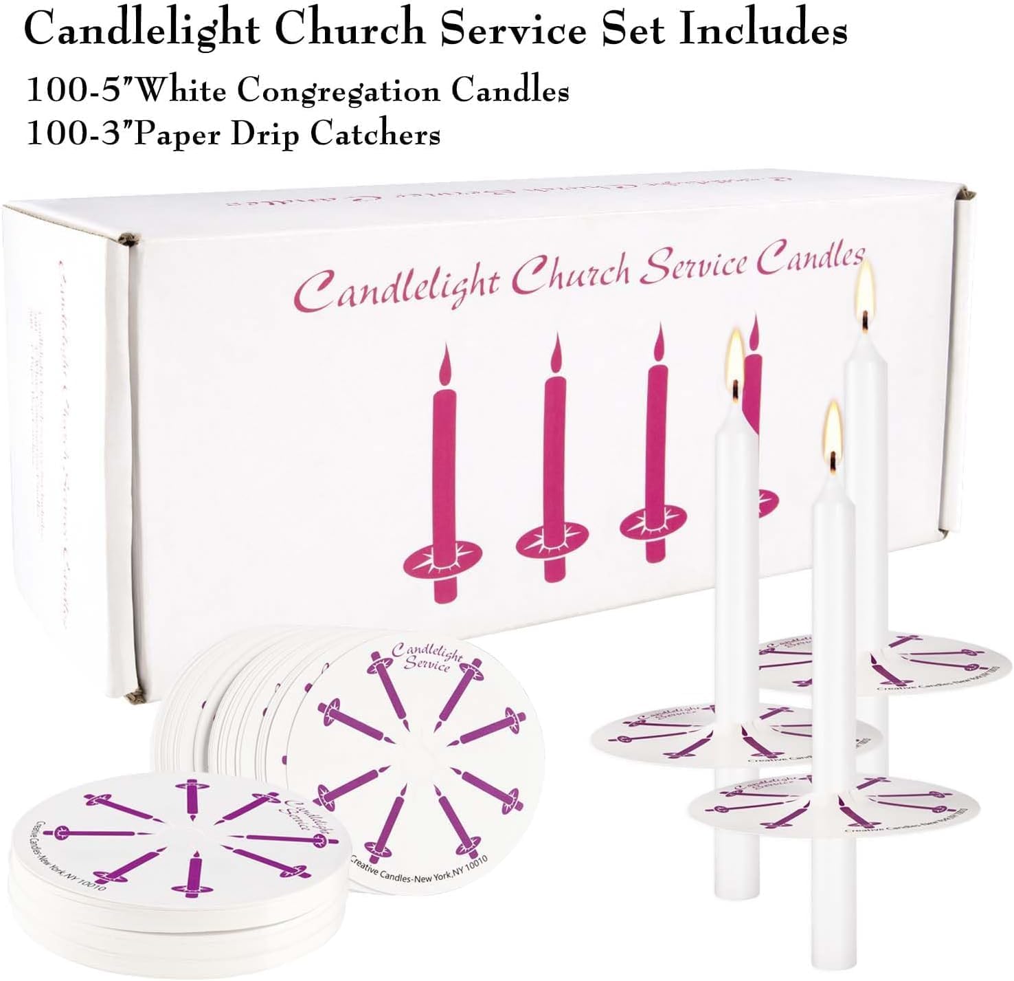 100 pcs Church Candles with Drip Protectors for Devotional Candlelight Vigil Service, Unscented White 5" H X 1/2" D, No Smoke, Church Service Candles