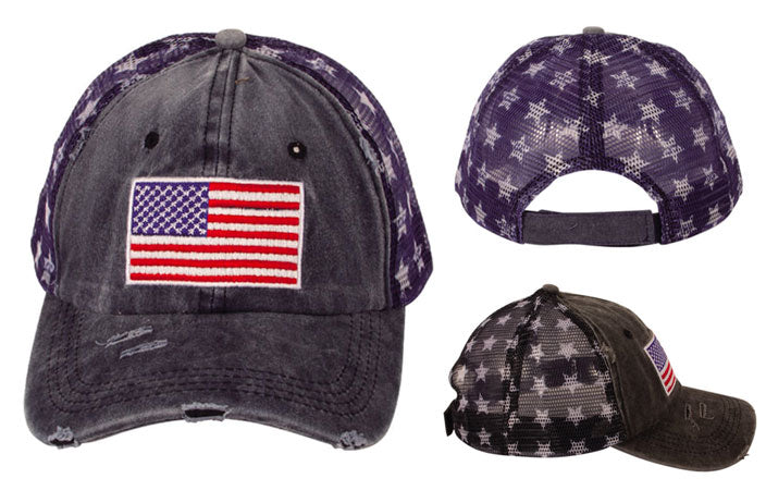 BASEBALL HAT - EMBROIDERED USA FLAG - (BLACK & NAVY)