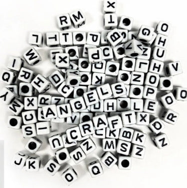 120ct Alphabet Beads, Squared, White/Black Size 0.24", 16.5g, 6x6mm