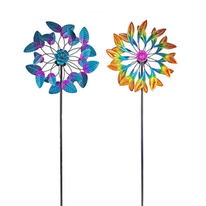 Double Leaf Layered Kinetic Garden Stake Wind Spinner