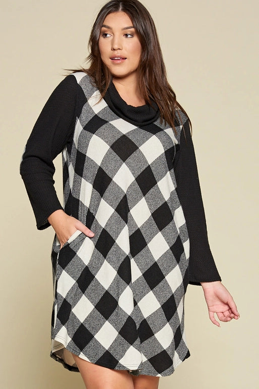 Plus Size Buffalo Plaid Dress with Elbow Patches-Ivory/Black