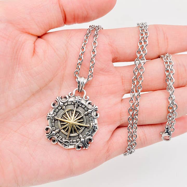 Nautical Anchor Starsea Compass Pendant Men's Necklace - 23 inches Chain