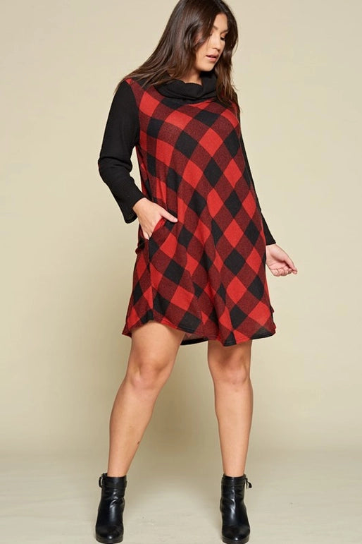 Plus Size Buffalo Plaid Dress with Elbow Patches-Red/Black