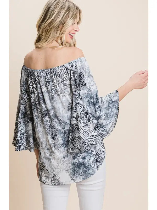 Plus Size Tie Dye Off Shoulder Front Knot Top-Grey/Black