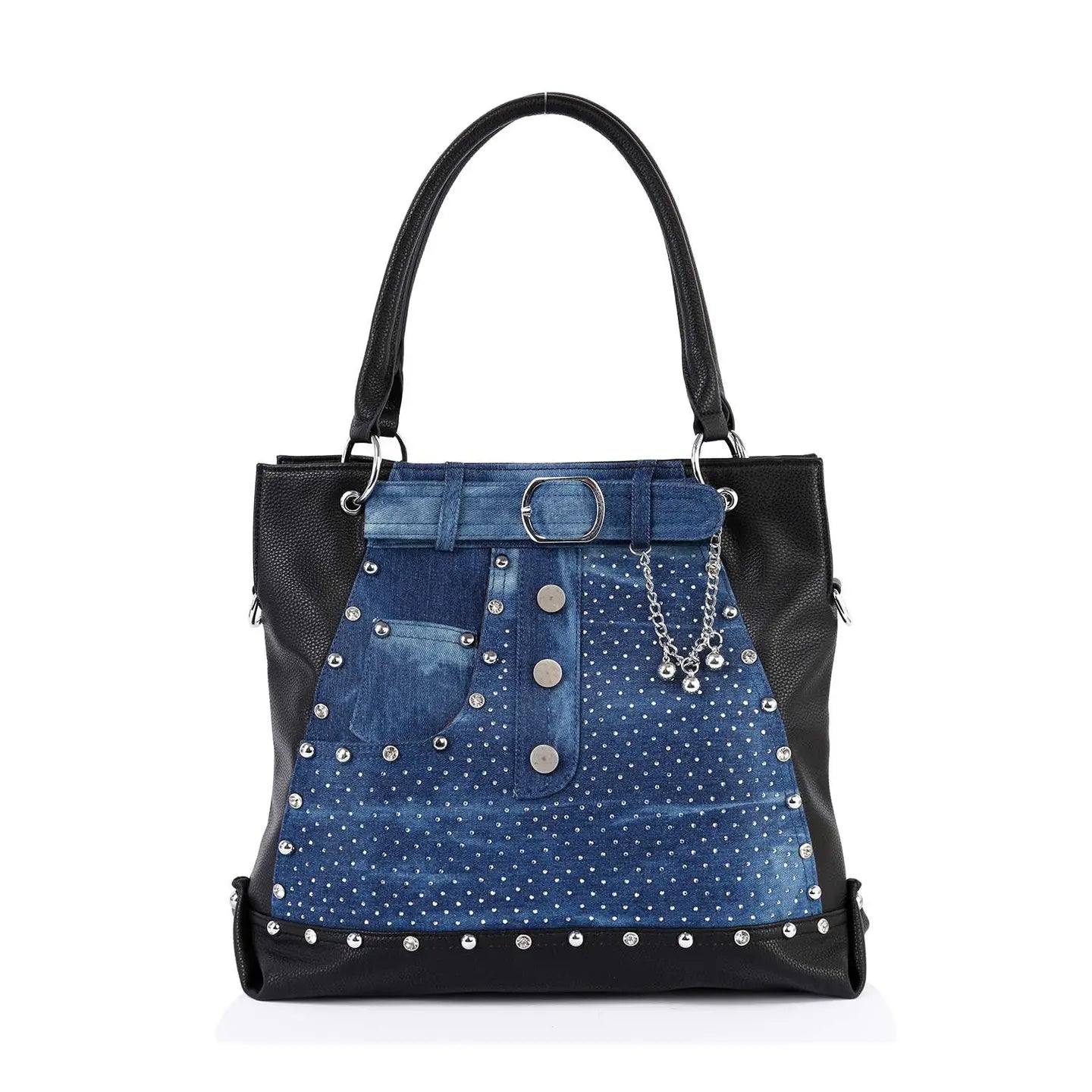 Belted Jean Design Tote Handbag-Blue Black