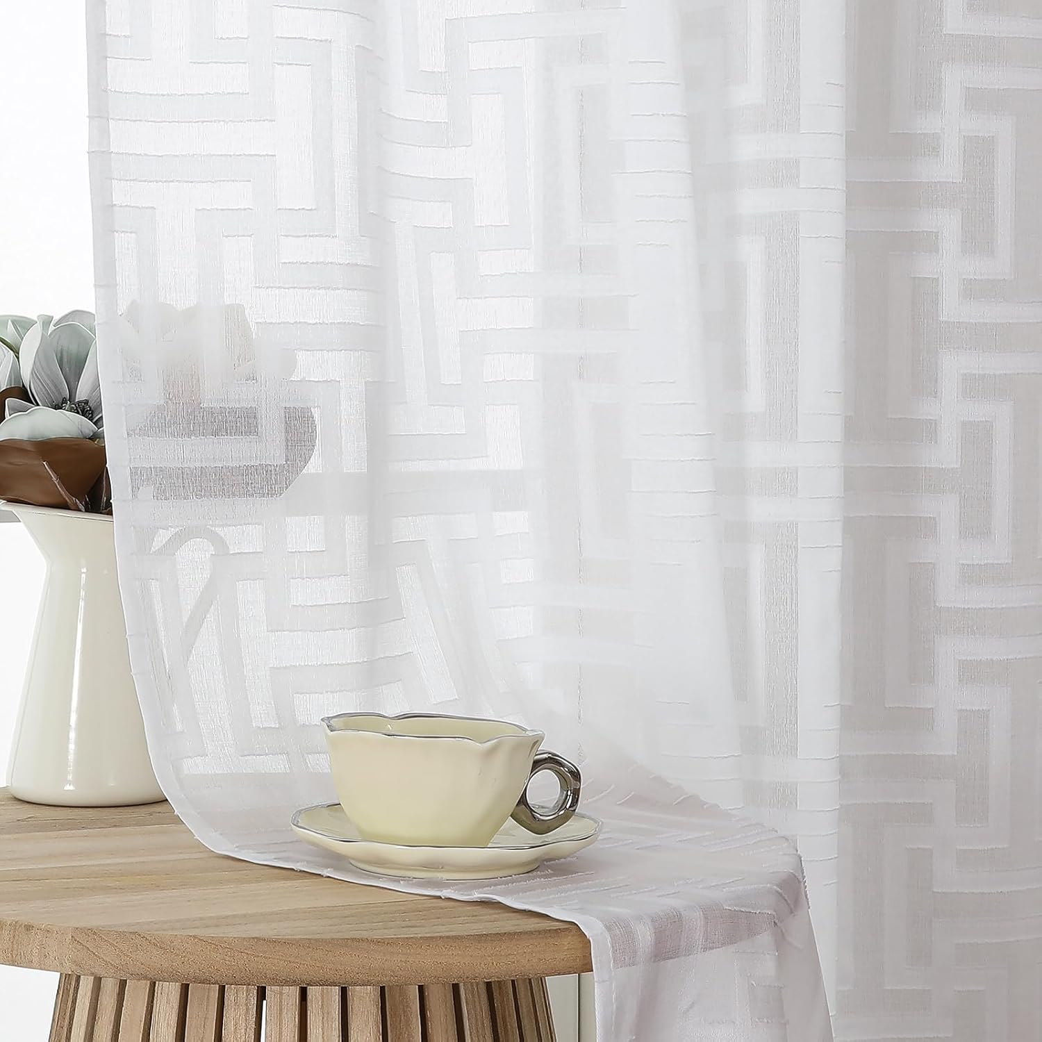 White Sheer Curtains 72 Inches Long 2 Panels Set, Lightweight Solid Clip Jacquard Geometric Door Curtain Semi Sheer, Dual Rod Pocket Curtains Drapes for Bedroom Living Room, 42Wx72L Inch
