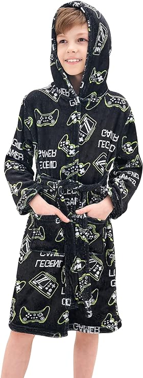 Boys Soft Hooded Bathrobe Kids Warm Gamer Fleece Robe Sleepwear 12-13 yrs