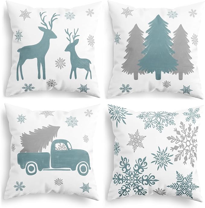 CaliTime Christmas Set of 4 Cozy Fleece Tree Deer Car Snowflake Throw Pillow Covers Cushion Cases for Couch Bed Sofa Farmhouse Decoration 18 X 18 Inches Smoke Blue