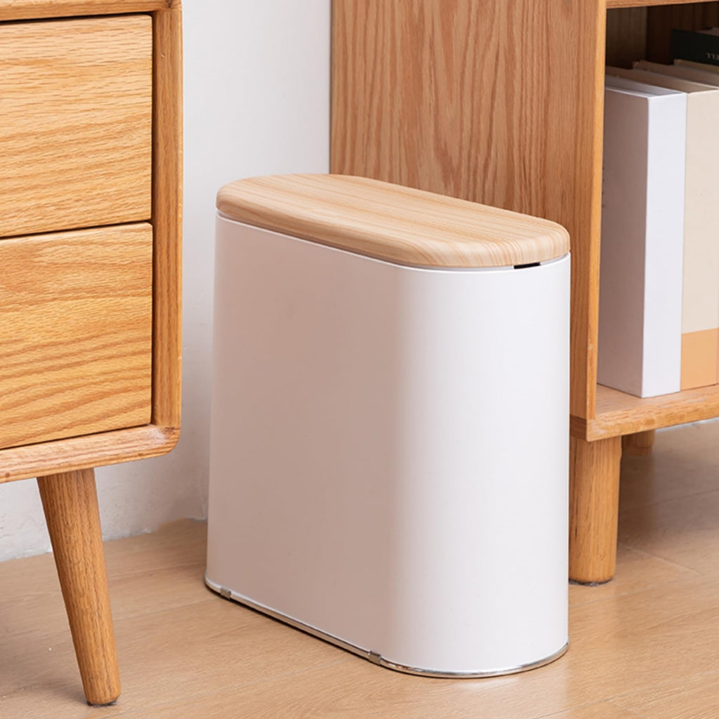 Bathroom Trash Can with Lid, 10 Liter/2.6 Gallon Small Garbage Can Dog Proof, Modern Waste Basket with Press Top, Slim Plastic Kitchen Trash Bin for Bedroom, Toilet, Office (White)