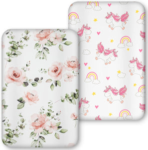 Pack and Play Sheets, Mini Crib Sheets for Boys Girls,Snug Fitted Playard Sheet Bedding Mattress Protector,2 Pack,Flower&Unicorn