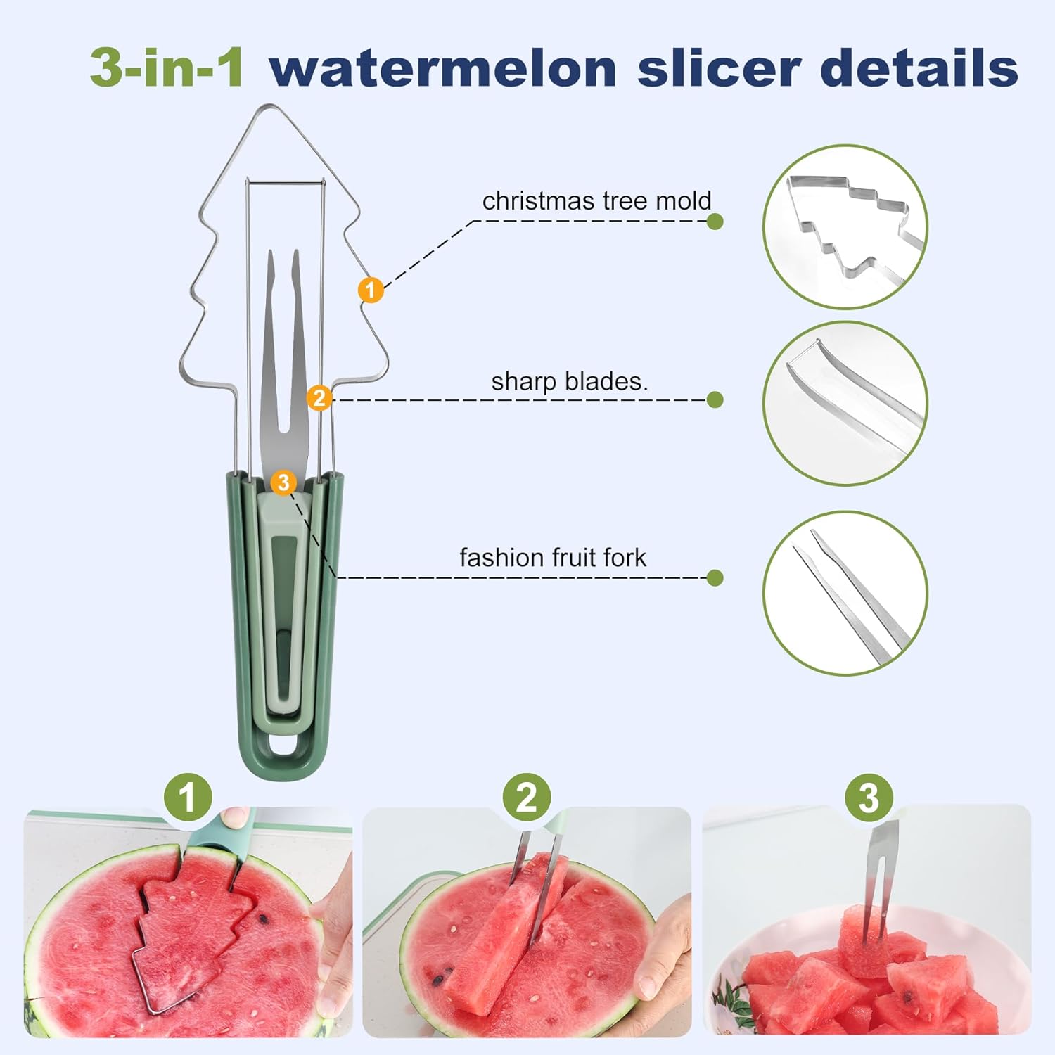 3-in-1 Watermelon cutter slicer tool set,Includes Christmas Tree Shaped Watermelon Slicer Cutter Tool