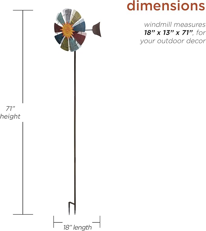 Multicolor Metal Windmill w/Sun Face Garden Stake 18x13x71H