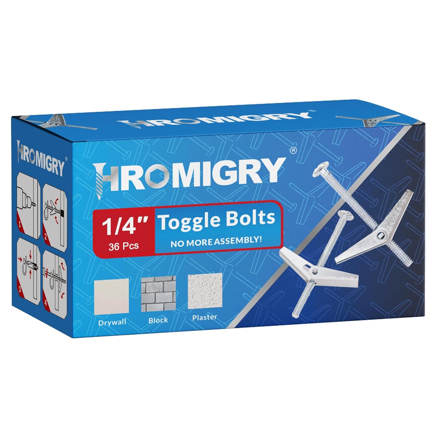 1/4"x4" Toggle Bolts (36 Pcs) 1/4 inch Wall Anchors for Drywall Heavy Duty, Butterfly Anchor Bolt for Hollow Wall, Sheetrock, Ceiling